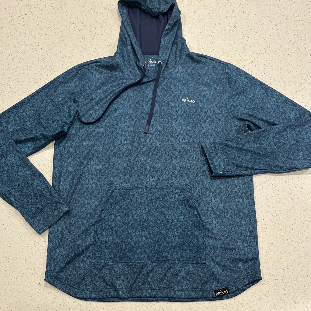 Primo Mens Shirt XL Blue Geometric Hoodie Curved Hem Flaw In Pics
